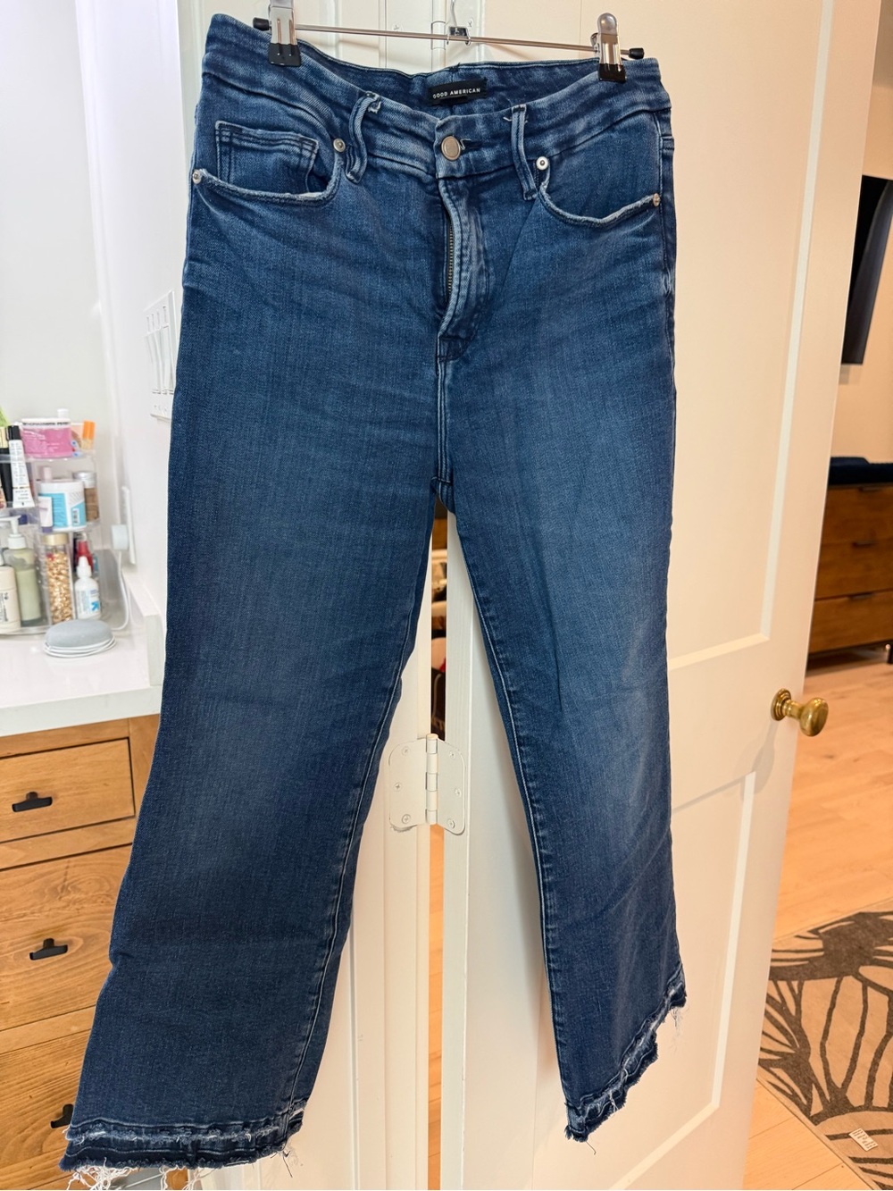 Good American Dark Blue Raw Hem Straight Jeans